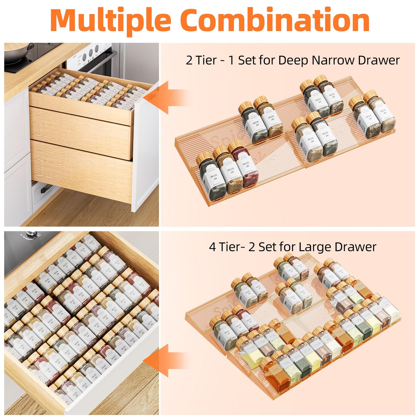 PanPanPal Spice Drawer Organizer, 4 Tier- 4 Pack Amber Acrylic Drawer Seasoning Organizer, Expandable From 11'' to 22'' Kitchen Spice Rack Organizers and Storage for Drawer (Jars not included)