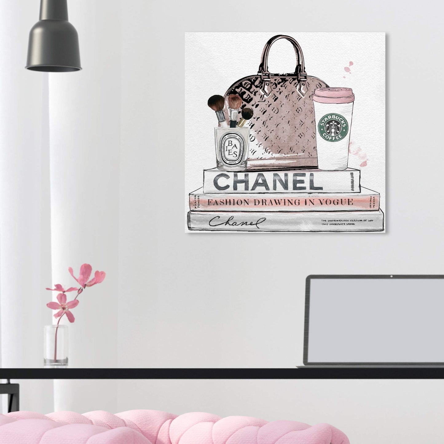 The Oliver Gal Artist Co. Blush and Make Up Brush | Modern Premium Canvas Print The Fashion Wall Art Decor Collection, 16" x 16", Pastel Pink