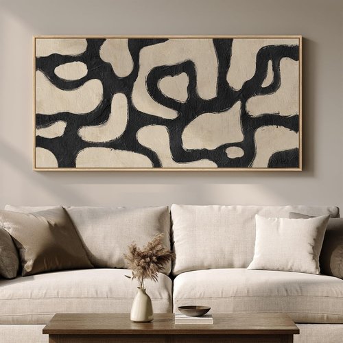 Framed Neutral Abstract Wall Art - Extra Large Black & Beige Canvas Print | Modern Mid-Century Decor 30x60 Inch