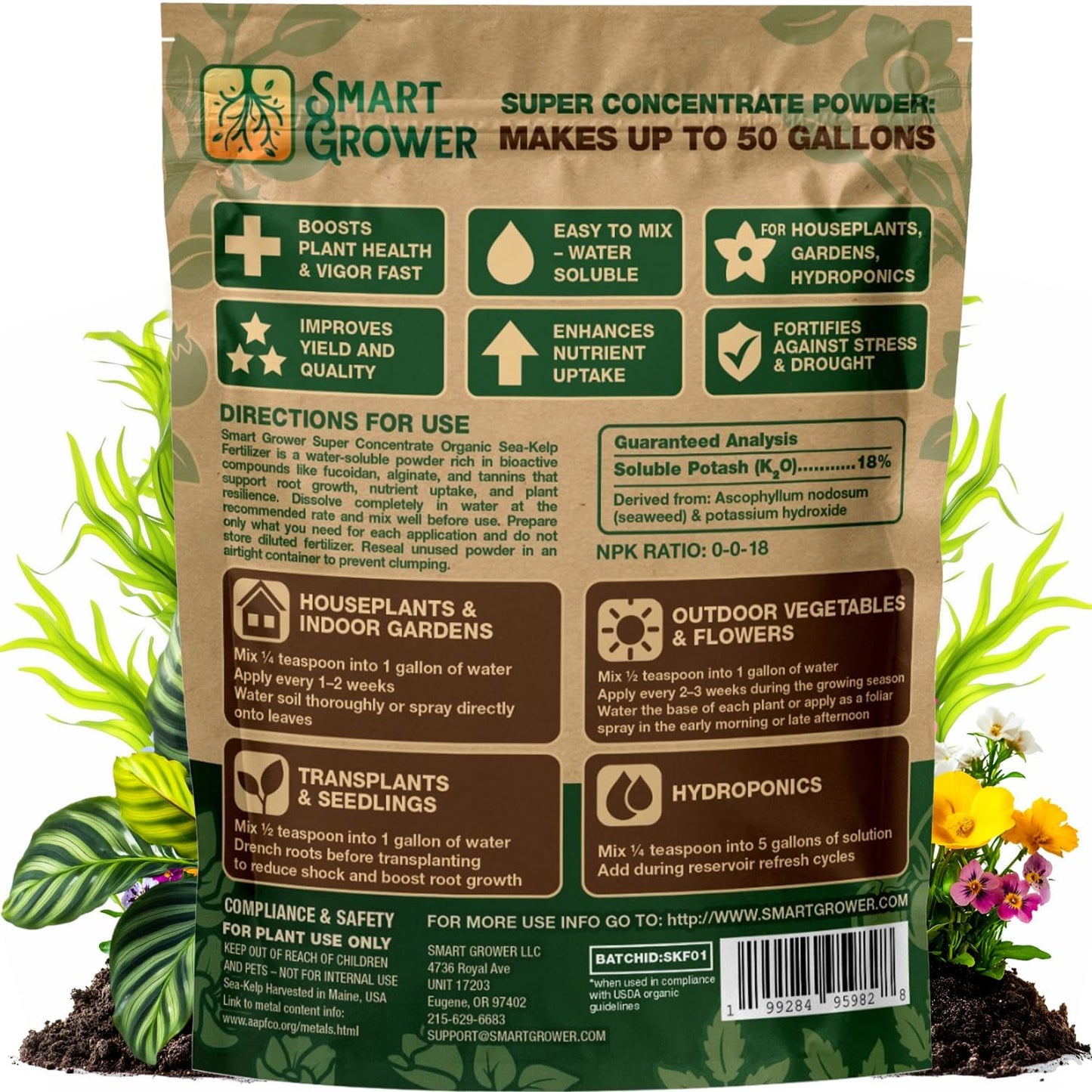 Smart Grower Organic Sea Kelp Fertilizer - Water-Soluble Plant Food for Indoor Gardens | 2oz Bag Makes 50 Gallons