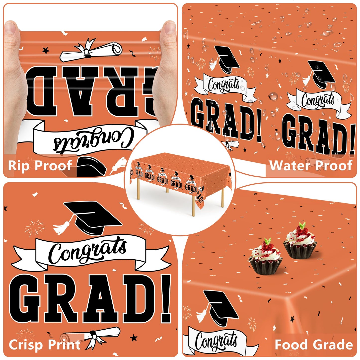 QZYL 2Pcs 2026 Graduation Table Cloths, 108" X 54" Orange Grad Party Decorations, Disposable Plastic Tablecover for Grad Decor Party Supplies, Rectangle Table Cloths for Class 2026 Congrats Grad