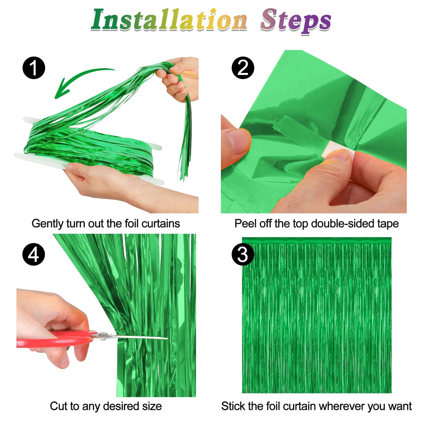 4 Pack Green Streamers, 3.28 FT x 7.05 FT Birthday Tinsel Backdrop, Metallic Foil Fringe Curtains Photo Booth Backdrop, Green Jungle Theme Decorations Birthday Decor