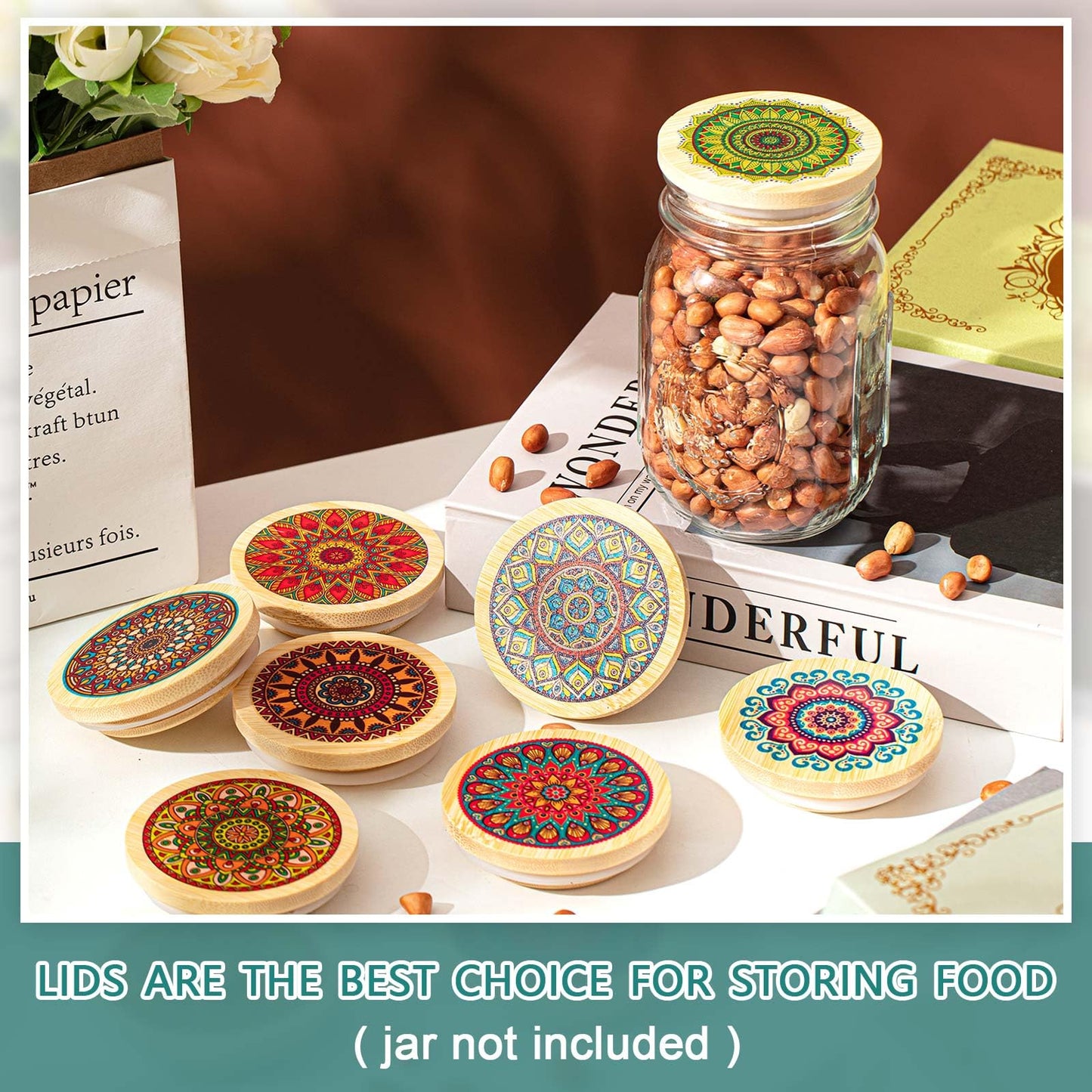 Beeveer 8 Pcs Mason Jar Lids for Regular Mouth Bamboo Mandala Decorative Storage Yogurt Jar Lids 2.76 Inch with Airtight Silicone Sealing Rings Reusable for Round Canning