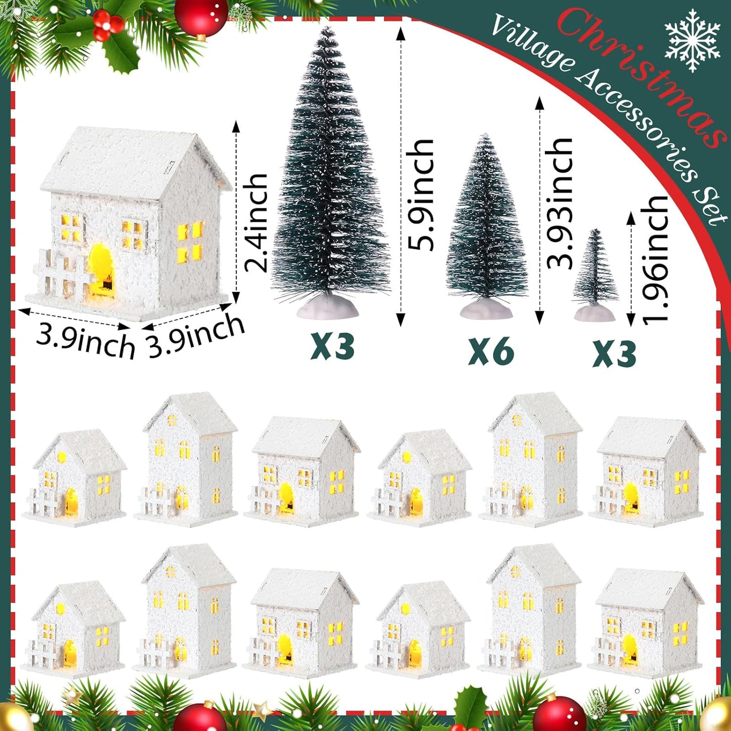 Kajaia Christmas Winter Village Set - 12 Houses with LED Lights & Trees | Cute White Figurines