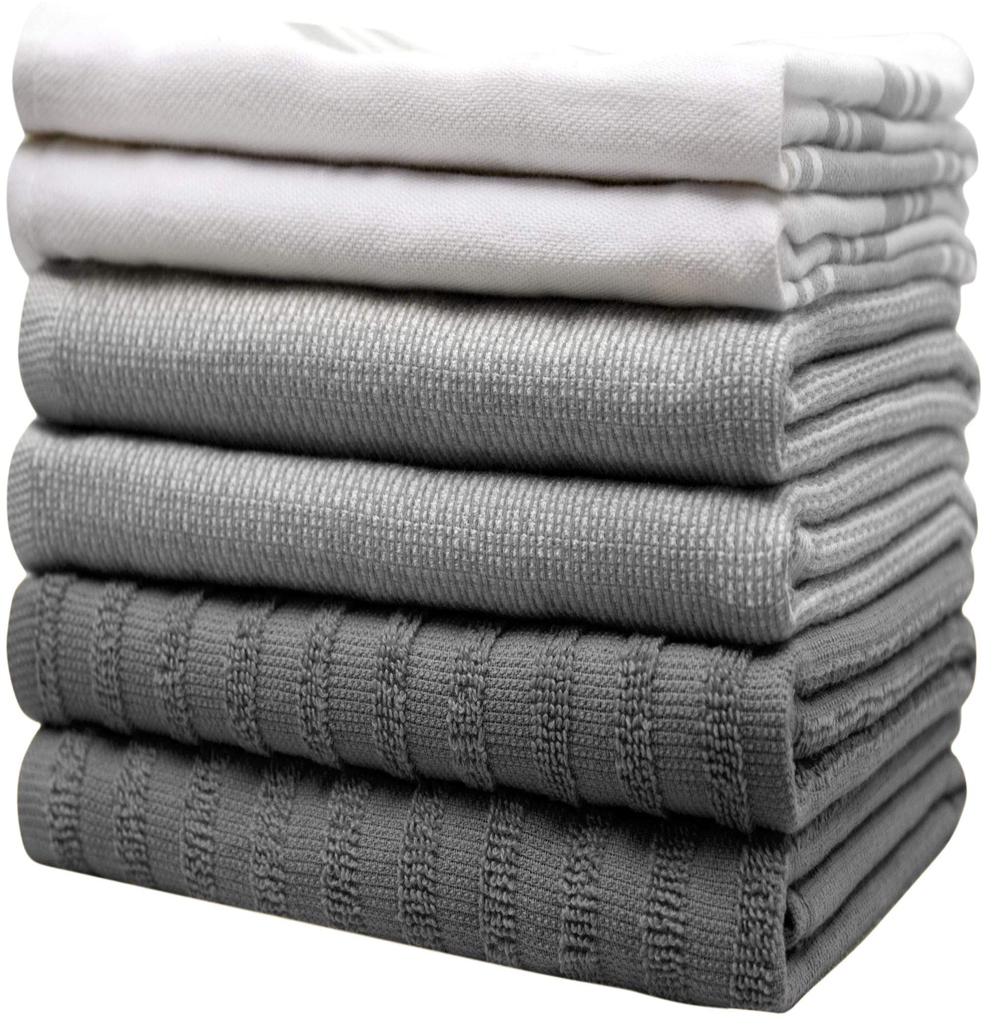 Premium Kitchen Towels (20”x 28”, 6 Pack) | Large Cotton Dish Towels | Flat & Terry Highly Absorbent Kitchen Linen Set with Hanging Loop | Wide Stripe Grey