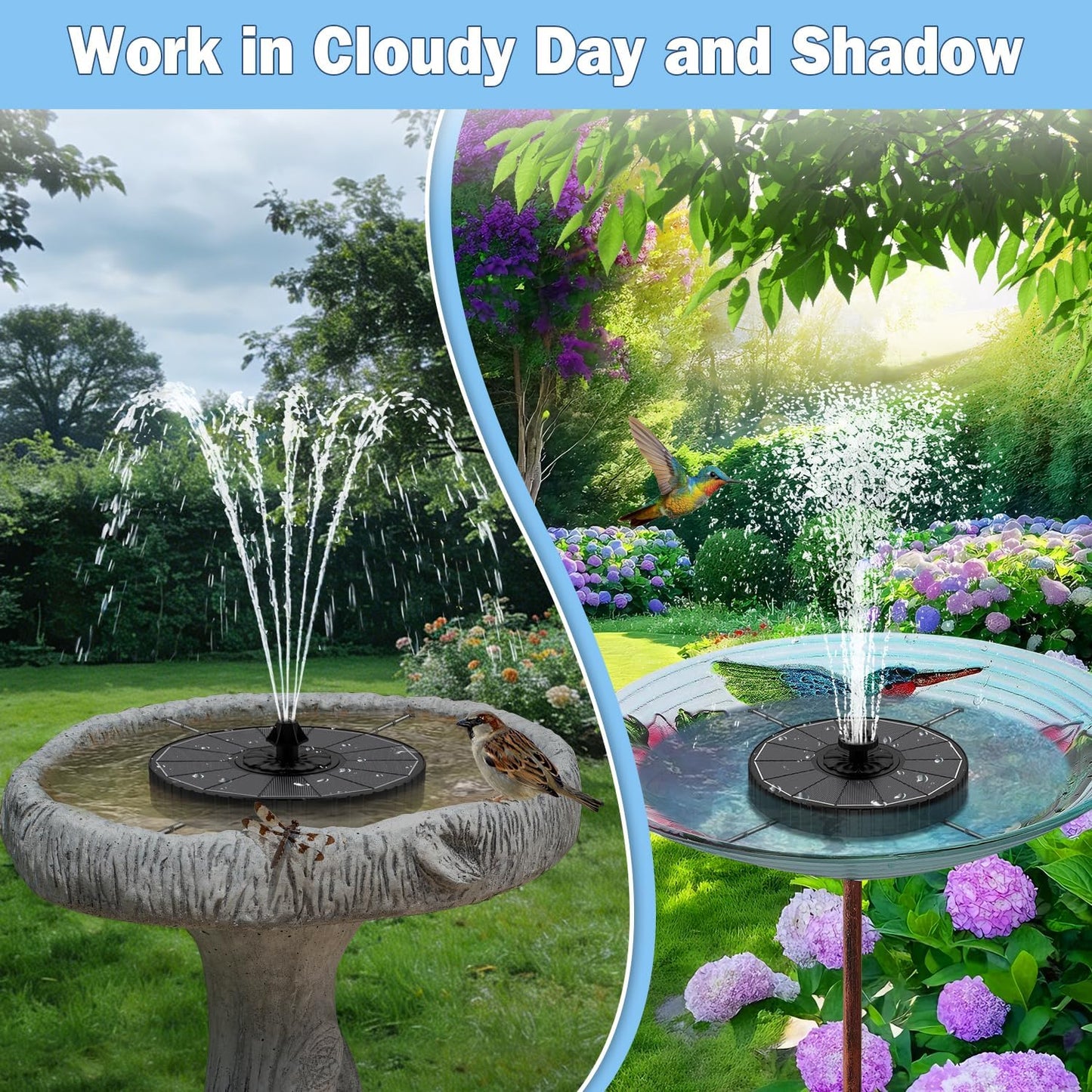 Yzert Solar Fountain - 3-Level Adjustable Water Height & 7 Nozzles | 2000mAh Battery for Garden & Pond