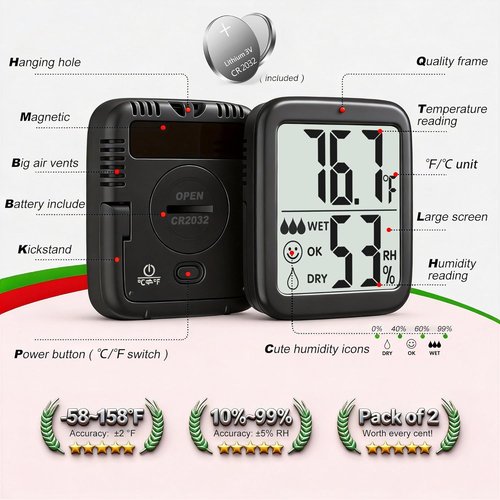 Antonki Room Thermometer - 2 Pack Digital Temperature & Humidity Monitor for Home, Greenhouse & More