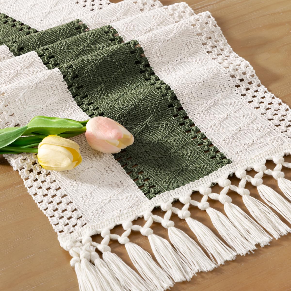 Socomi Boho Table Runner Summer Farmhouse Rustic Dining Kitchen Centerpiece Decor Small Macrame Woven Cotton Linen Coffee Table Runner for Dresser Scarf Home Decor 12x108 inch Olive Green