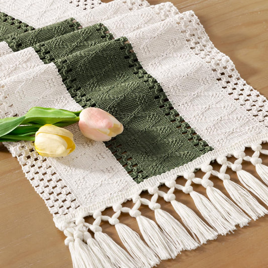 Socomi Boho Table Runner Summer Farmhouse Rustic Dining Kitchen Centerpiece Decor Small Macrame Woven Cotton Linen Coffee Table Runner for Dresser Scarf Home Decor 12x90 inch Olive Green