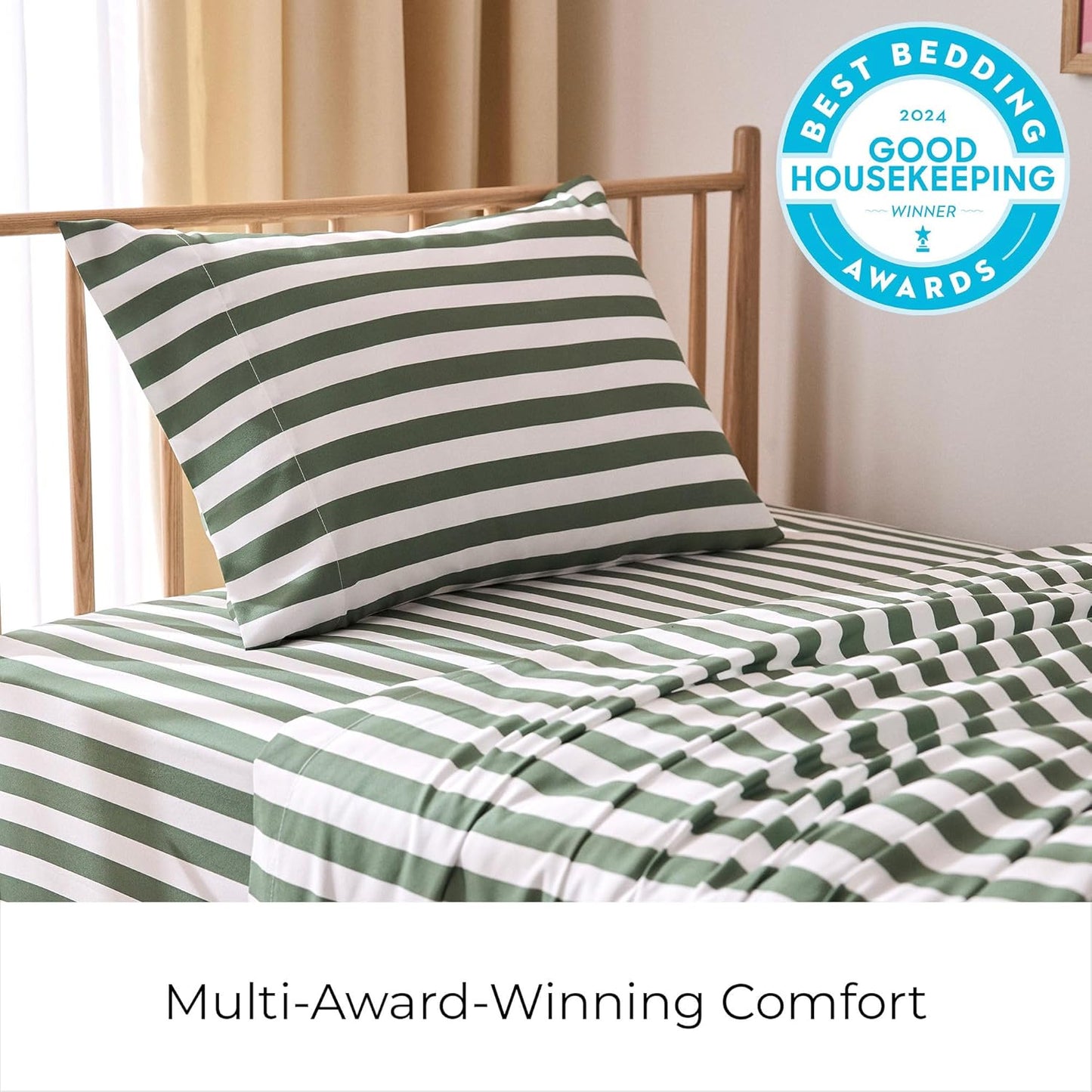Mellanni Twin XL Sheets Set - 3 PC Hotel Luxury Bedding - Extra Soft, Cooling, Wrinkle Resistant | Oxford Stripe Sage