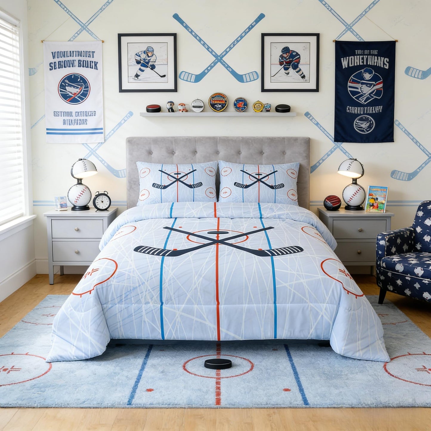 Ice Hockey Kids Comforter Set Twin Size,Hockey Stadium Rink Bedding Set,Boys Girls Adults Bedroom Decor,Winter Event Ball Games Lovers Down Comforter,Modern Stylish Duvet Insert,2pcs,1 Pillowcase