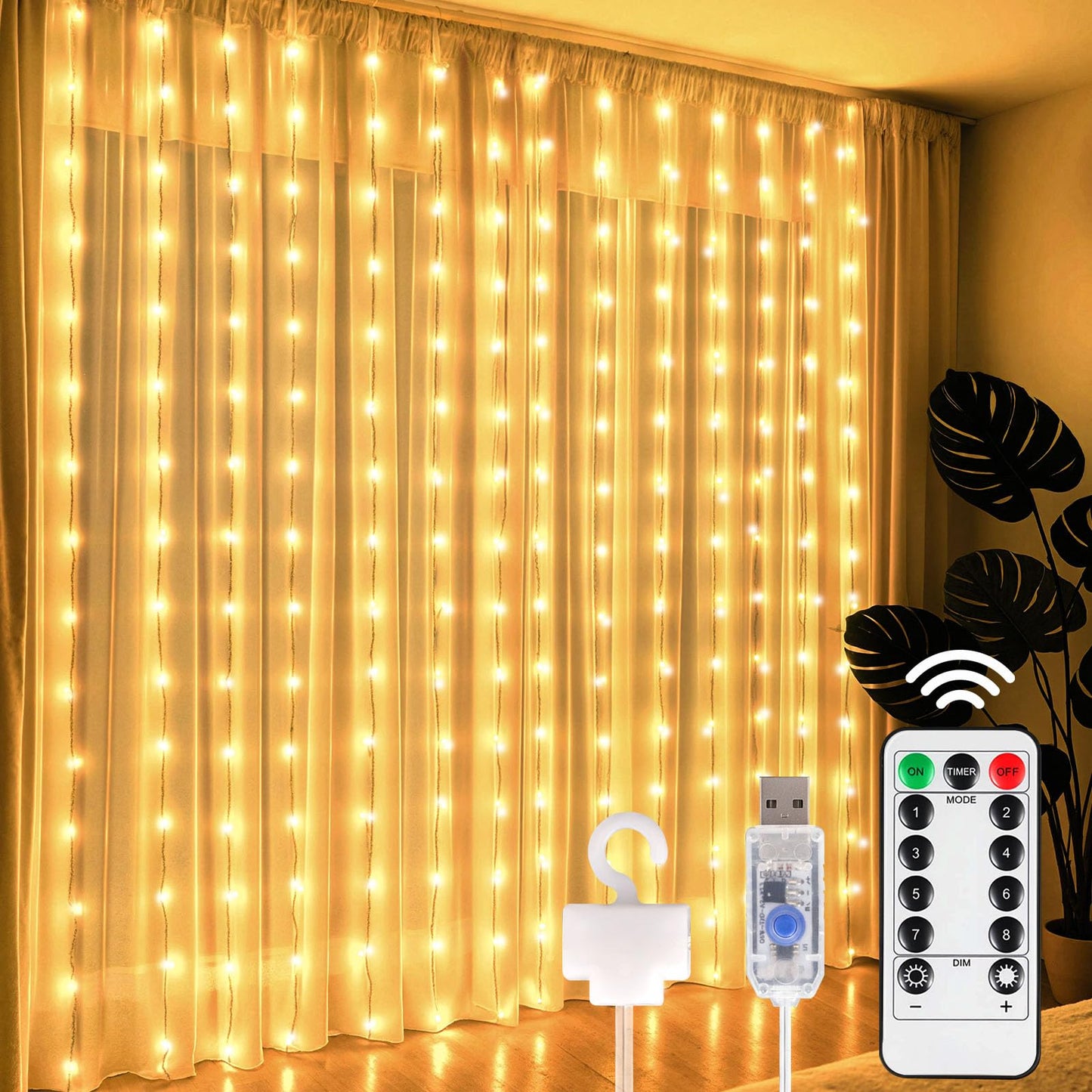 DomeStar 300 LED Curtain Lights for Bedroom, 9.8 x 9.8 FT Fairy Lights with 8 Modes Remote, Plug‑in Design for Holiday Hanging Wall Garden Party Birthday Ambient Decor (Warm White)