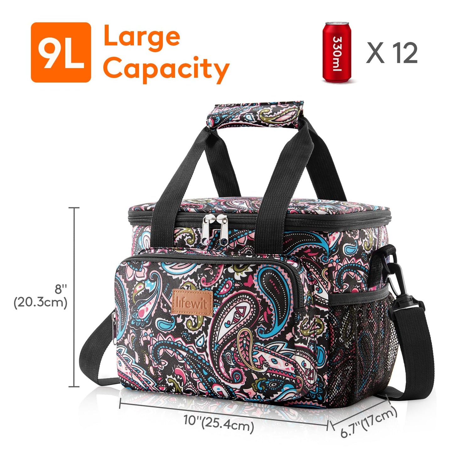 Lifewit Medium Lunch Bag, Insulated Lunch Box, Soft Cooler Cooling Tote for Adult Men Women, Paisley 12-Can (9L)