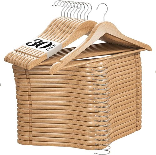 Home It Wooden Hangers 30 Pack - Durable Non-Slip Natural Wood Coat Hangers with Chrome Swivel Hook