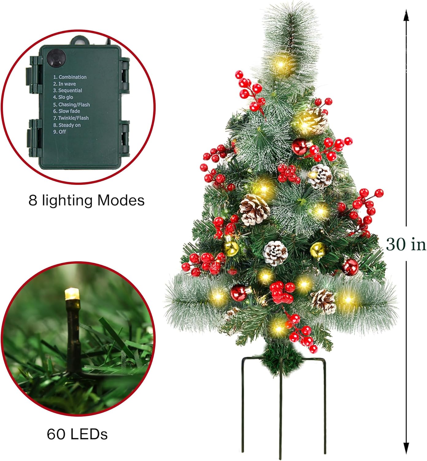 Juegoal 30-Inch Pre-Lit Pathway Christmas Trees - 2 Pack with 60 LED Lights & Ornaments | Battery Operated Holiday Décor