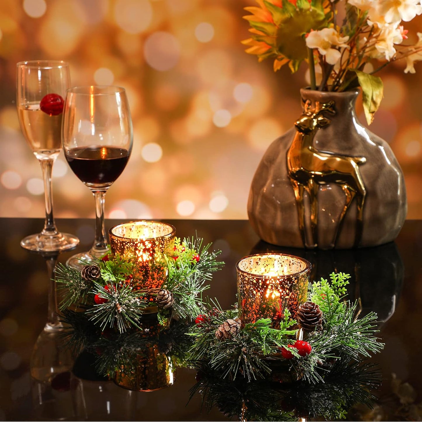 Skylety Christmas Votive Candle Holders - 4 Pack Glass Tealight Holders with Red Berry Wreaths