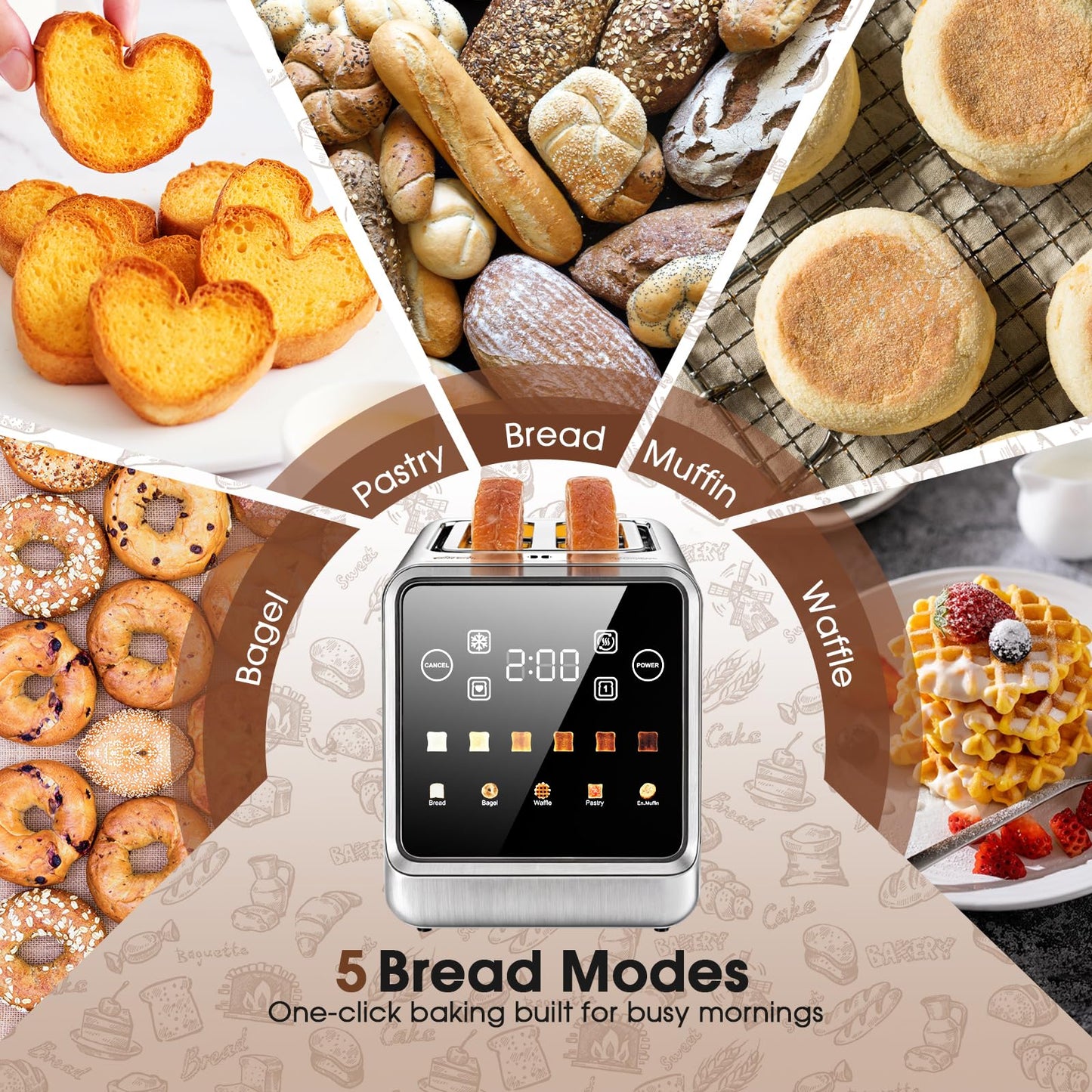 Touch Screen Toaster 2 Slice, Stainless Steel Smart Digital Toasters with Single Slot Toasting, Memory Function, 5 Bread Types & 6 Shade Settings,1.5" Wide Slot, 900W