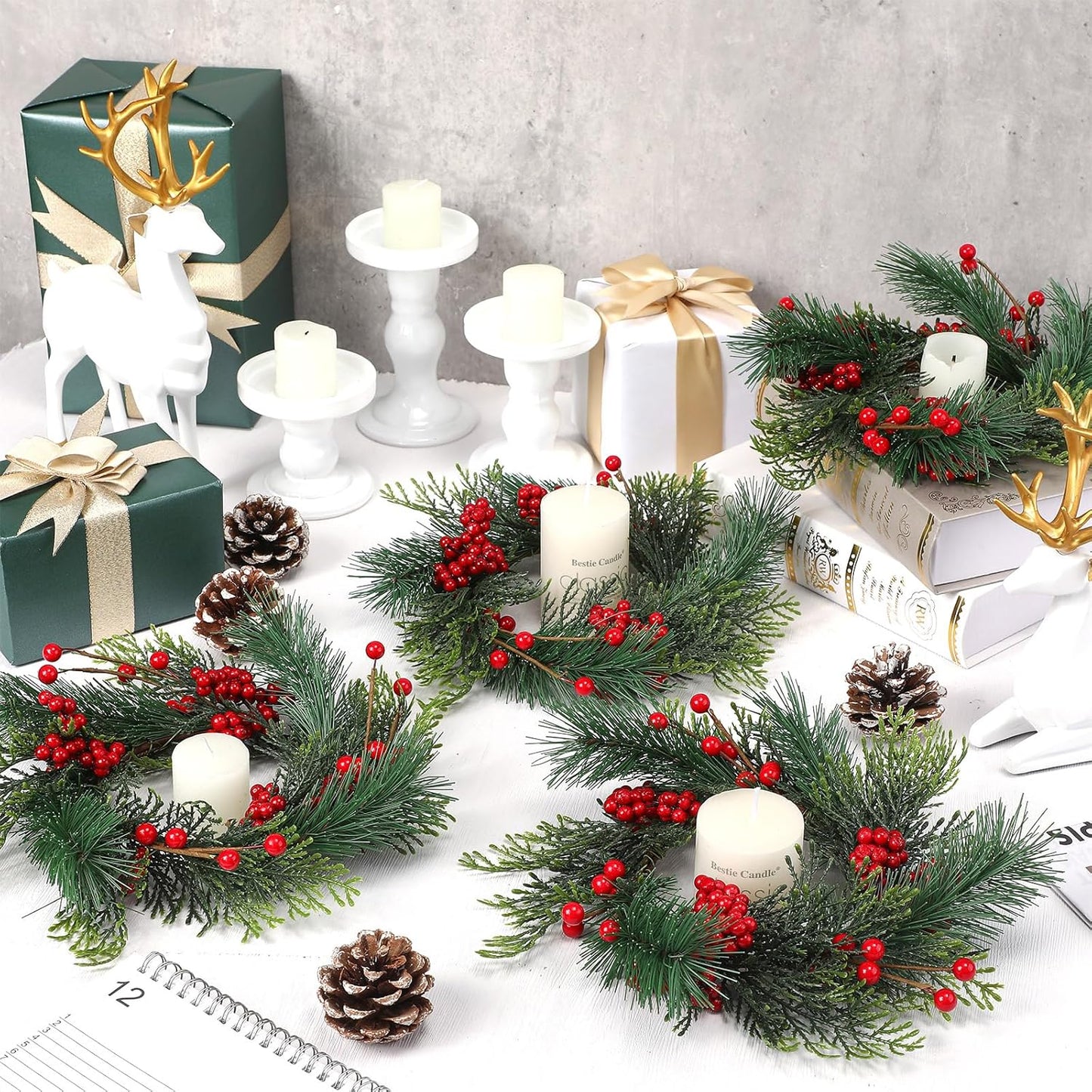 Knitgrip Mini Christmas Candle Rings - 4 Pcs Red Berry Pinecone Wreaths for Festive Home Decor