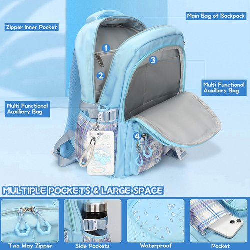 Ensccant Backpack for Girls with 14Pcs Accessories - Anime Schoolbag Cartoon Backpack Laptop Bookbags Anti-Theft Travel Aesthetic New Semester Gifts Bag with Pins,ID Badge Holder,Stationery - Blue