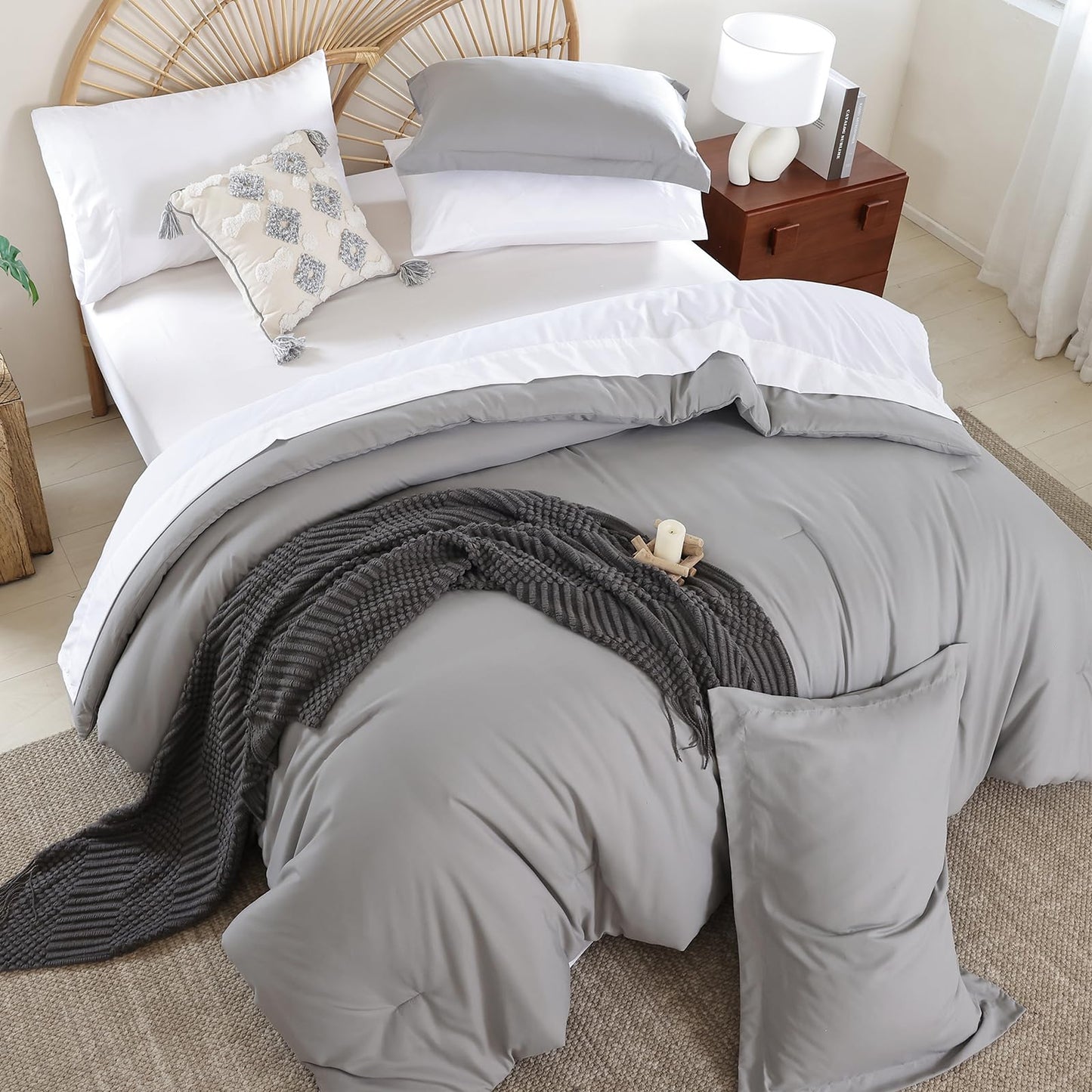 weigelia Full Size Comforter Set 7 Pieces Grey Full Bed Set Microfiber Soft Full Comforter Lightweight Fluffy Comforter Set with Fitted Sheets,Flat Sheets,Pillow Shams,and Pillowcases