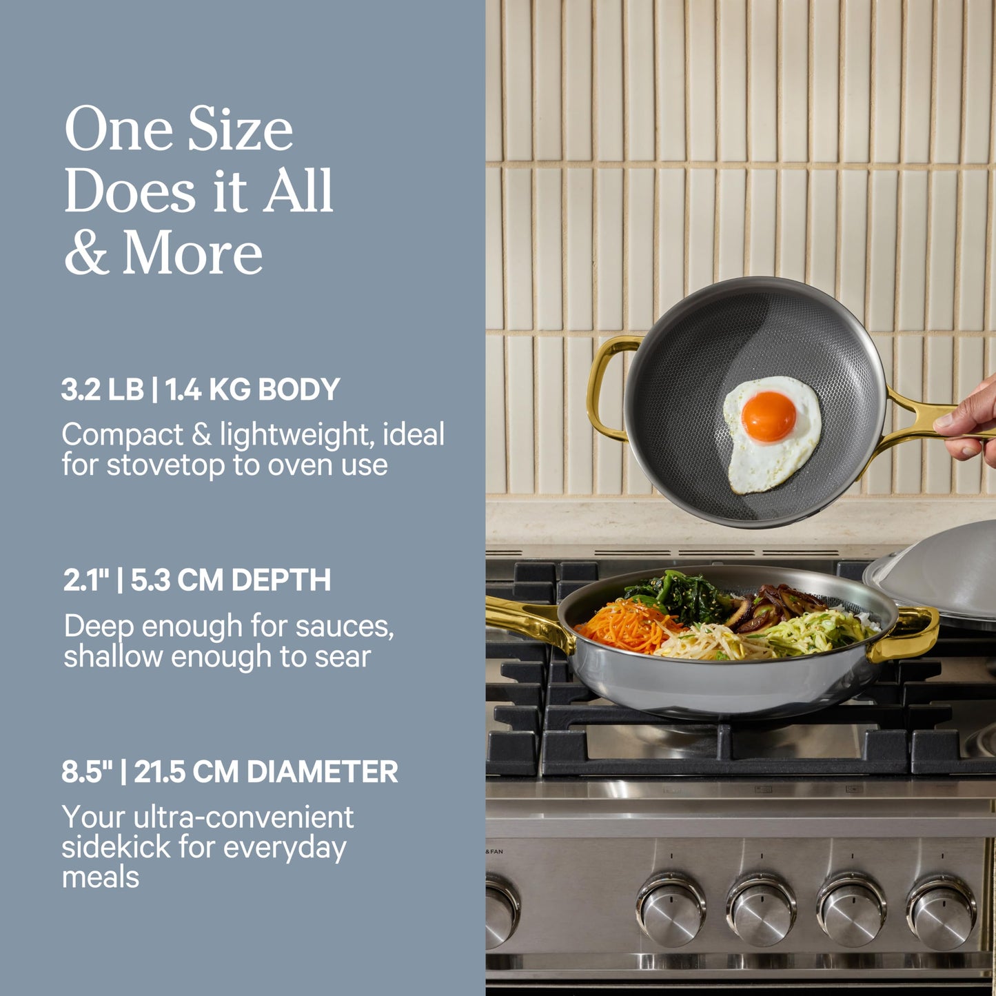 Our Place Titanium Always Pan Pro - 10.6” (2.8 Qt) No-Coating Nonstick Skillet | Tri-Ply Titanium & Stainless Steel | Safe for Oven, Induction & All Cooktops up to 750°F | Includes Spatula | Gold