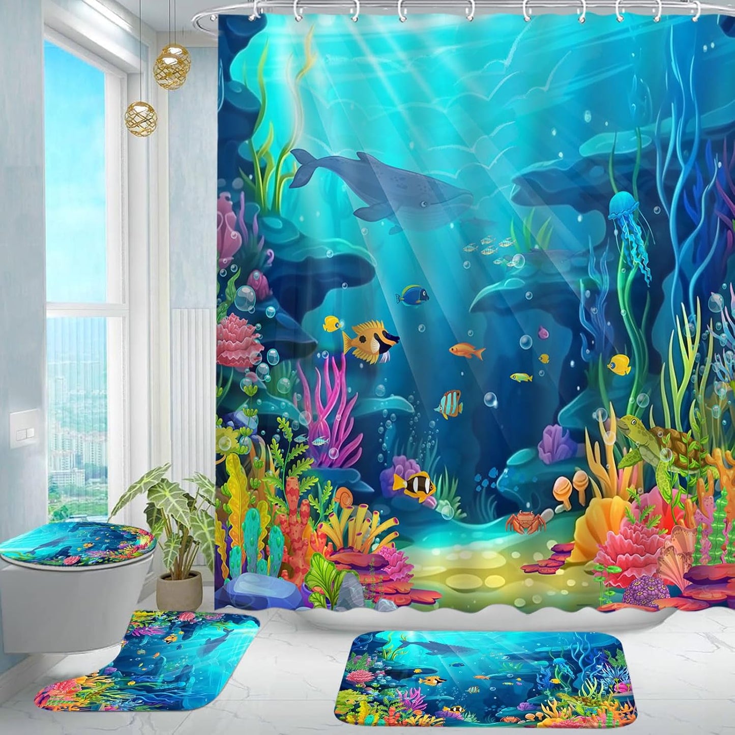 Skiennix Ocean Shower Curtain Set - Tropical Underwater World with Non-Slip Bath Rugs | 4-Piece Kids Bathroom Decor