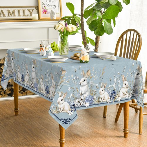 Horaldaily Easter Tablecloth 60×84 Inch Rectangular, Blue Easter Bunny Flowers Washable Seasonal Table Cover for Party Picnic Dinner Decor