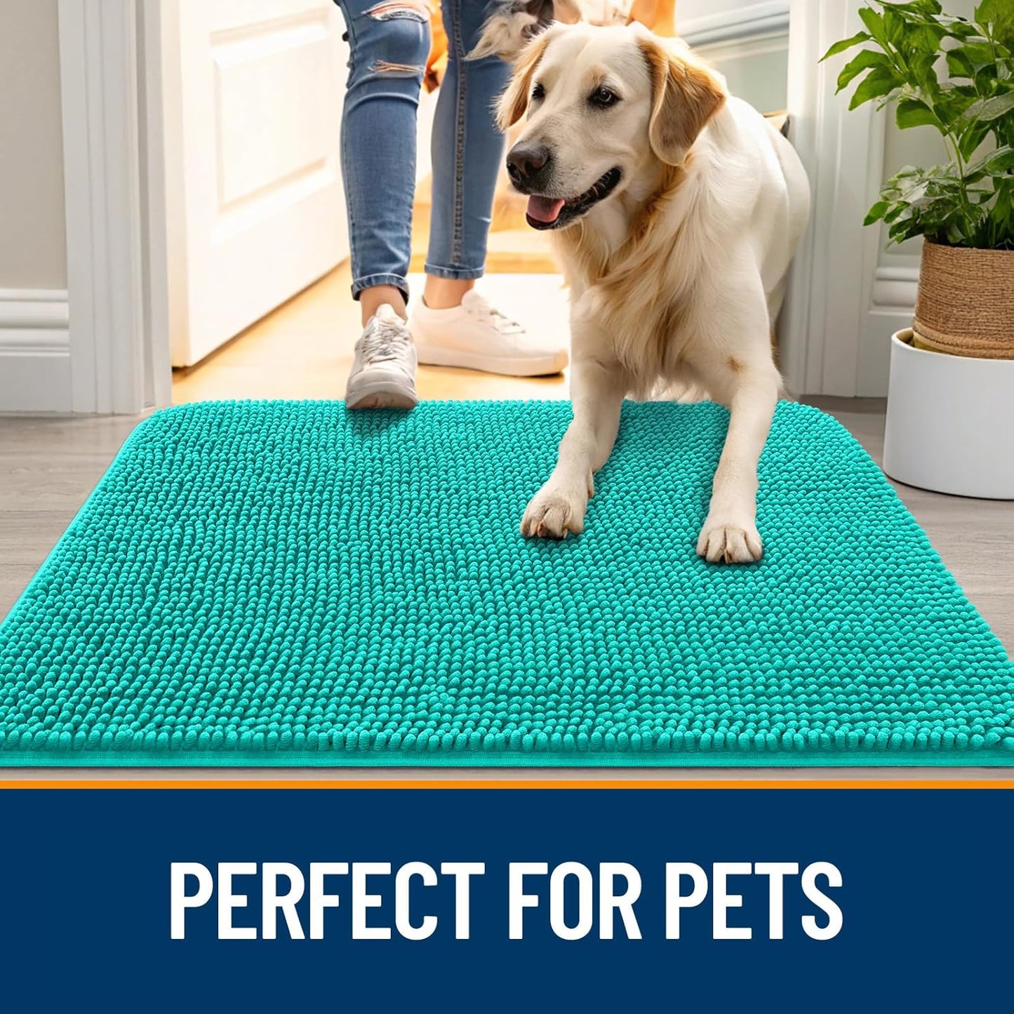 OLANLY Dog Door Mat - Absorbent Non-Slip Washable Doormat for Muddy Paws | 47x24 Teal Indoor Carpet