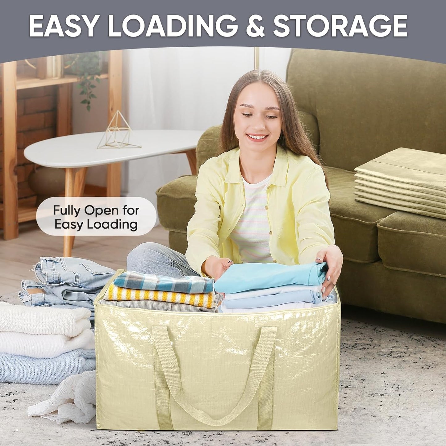 TICONN Extra Large Moving Bags - Heavy Duty Storage with Zippers & Handles | 6 Pack, Cream Color