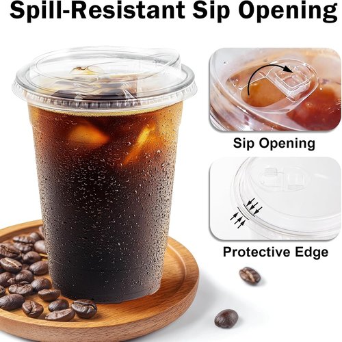 BYSNOW 16 oz Clear Plastic Cups with Lids - 100 Pack Disposable Iced Coffee & Smoothie Cups