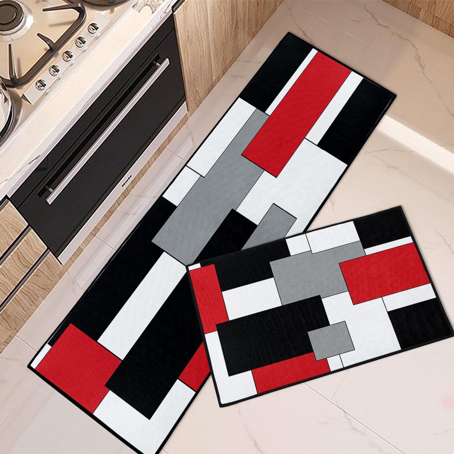 Tayney Red Geometric Kitchen Rugs and Mats Non Skid Washable Set of 2, Checked Black Grey Mats for Floor, Rustic Minimalist Runner Rug, Modern Abstract Kitchen Decor