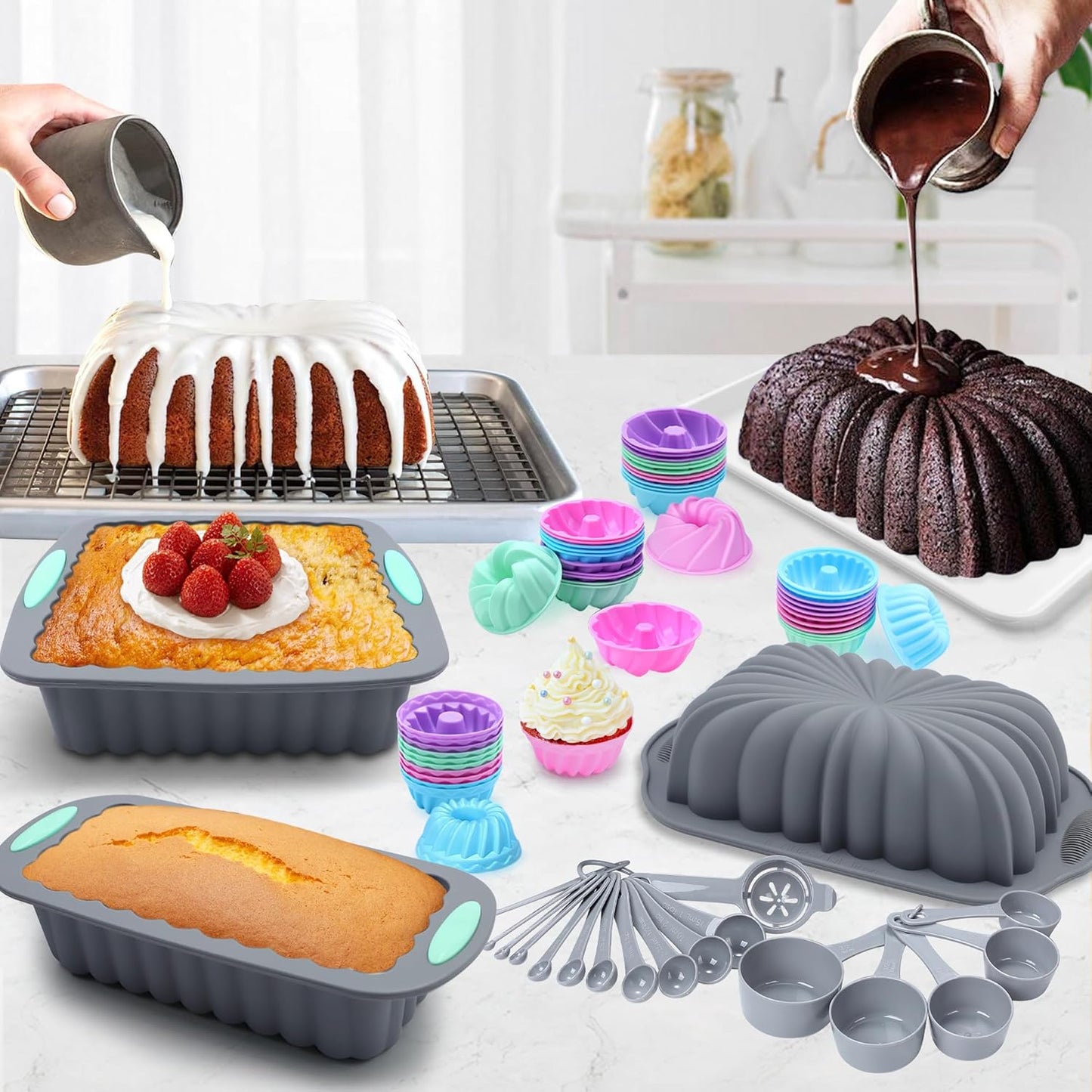 Tongjude Silicone Bakeware Set - 72 Nonstick Baking Pans for Easy Release | Grey Kitchen Essentials