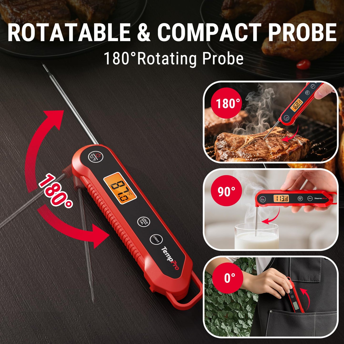 TempPro 1-2 Sec Instant Read Digital Meat Thermometer, ±0.9°F Accuracy, Waterproof & Backlight Food Thermometer for Cooking, Oil Fry Candy Meat Probe for Kitchen, BBQ, Oven, Grill, Smoker