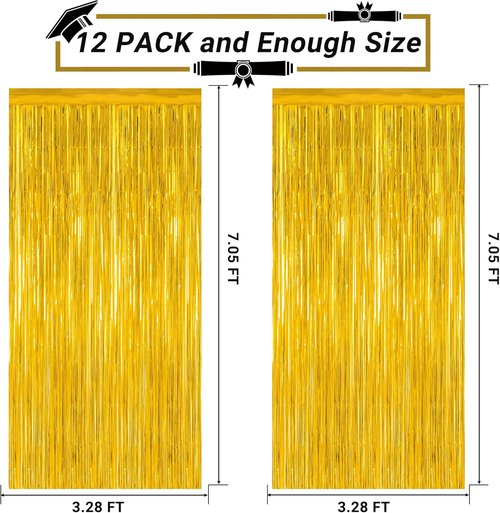 Gold Graduation Decorations 2026 - 12 Pack Metallic Backdrop Curtains | 3.28 FT x 7.05 FT Fringe Streamers