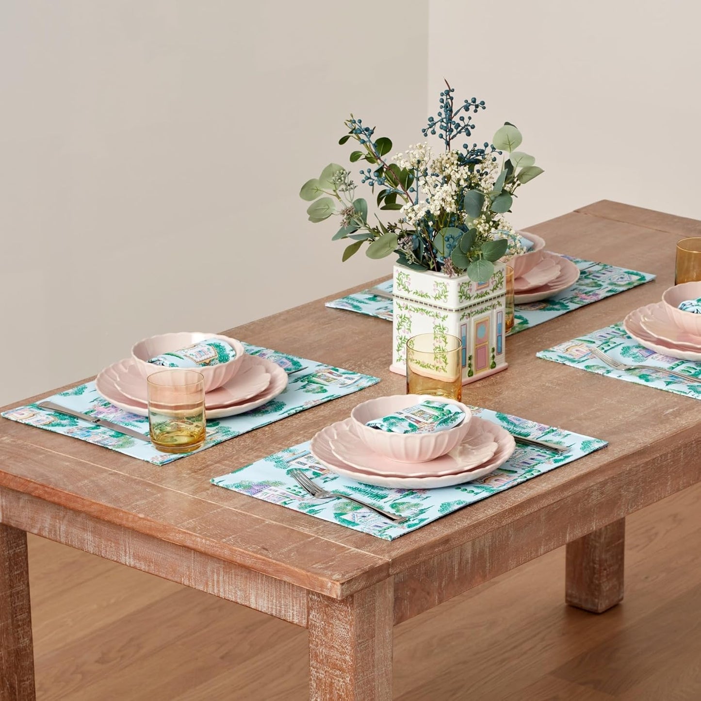 Lenox Spice Village Placemats - Set of 4 Allover Design, Blue, 13" W x 19" L