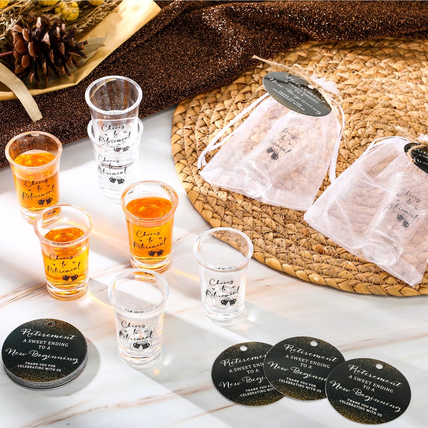 Havawish 50 Sets Retirement Party Favors for Guests 1.2 oz Cheers to Retirement Shot Glasses Acrylic Clear Shot Cups with Thank You Tags Organza Bag Retirement Decoration Gifts for Retired Men Women