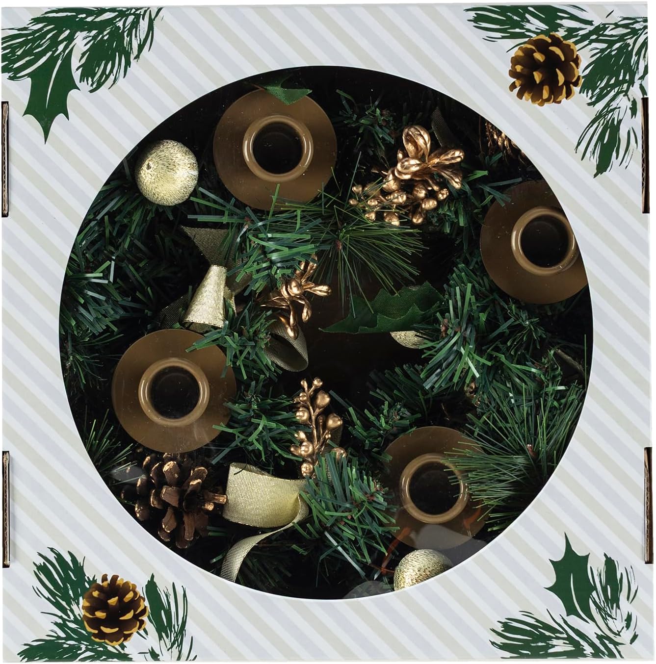Vermont Christmas Company Traditional Advent Wreath - White Ribbons & Pine Cones - Durable Candle Holder
