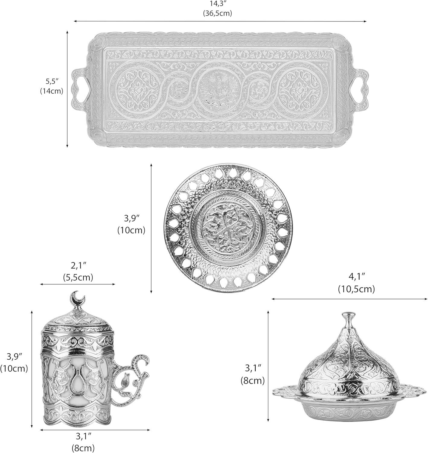 Alisveristime Ottoman Turkish Greek Arabic Espresso Coffee Cups with Saucer and Lid (Set of 2) (Hilal) (Silver)