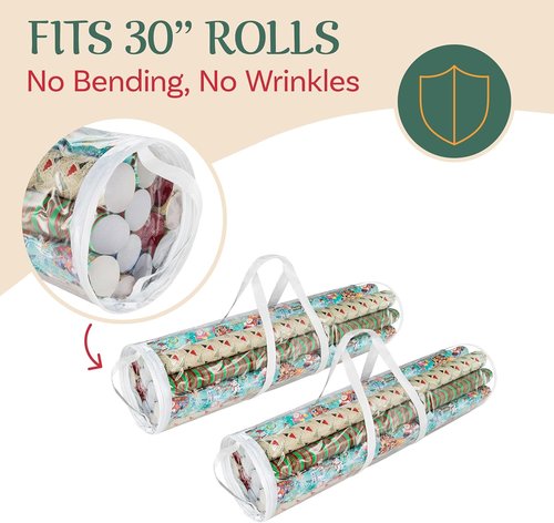 Elf Stor Wrapping Paper Storage Bags - Clear Totes with Handles for 30-Inch Rolls | Set of 2