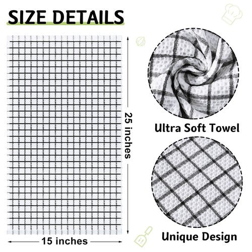 Homaxy 100% Cotton Kitchen Towels 6 Pack-15 X 25 Inches, Check Design Waffle Weave Hand Tea Towels, Super Soft and Absorbent Dish Towel for Drying Dishes, Black