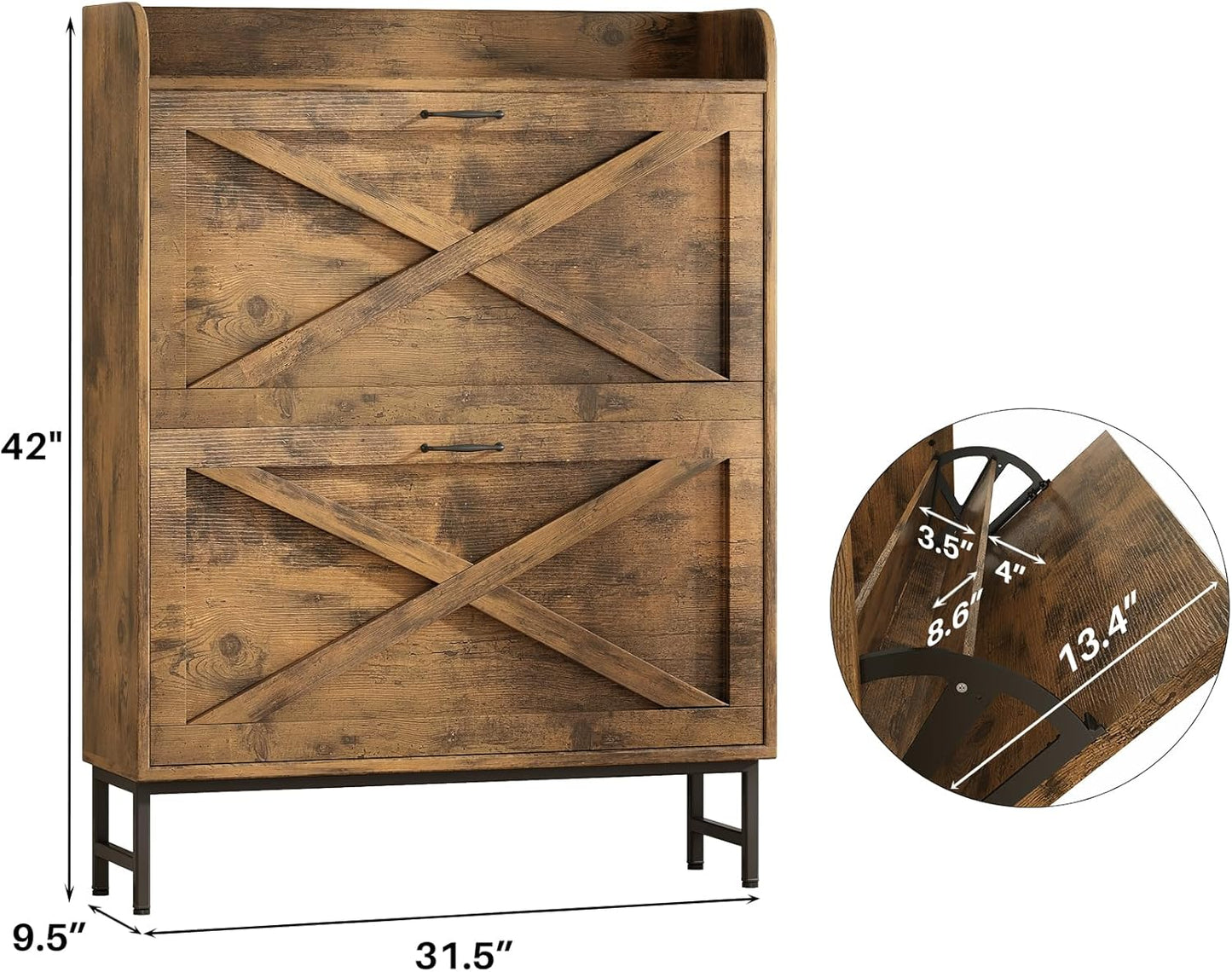 Kitstorack Shoe Storage Cabinet - Rustic Brown Wooden Organizer with 2 Flip Drawers & Metal Legs