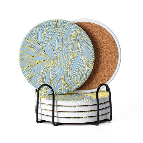 Hoewina 6Pcs Drink Coasters with Holder, Marble Style Ceramic Drink Coaster, Absorbent Coasters Set Suitable for Kinds of Cups, Modern Style Coaster for Coffee Table, 4 Inches（Gilded Relief