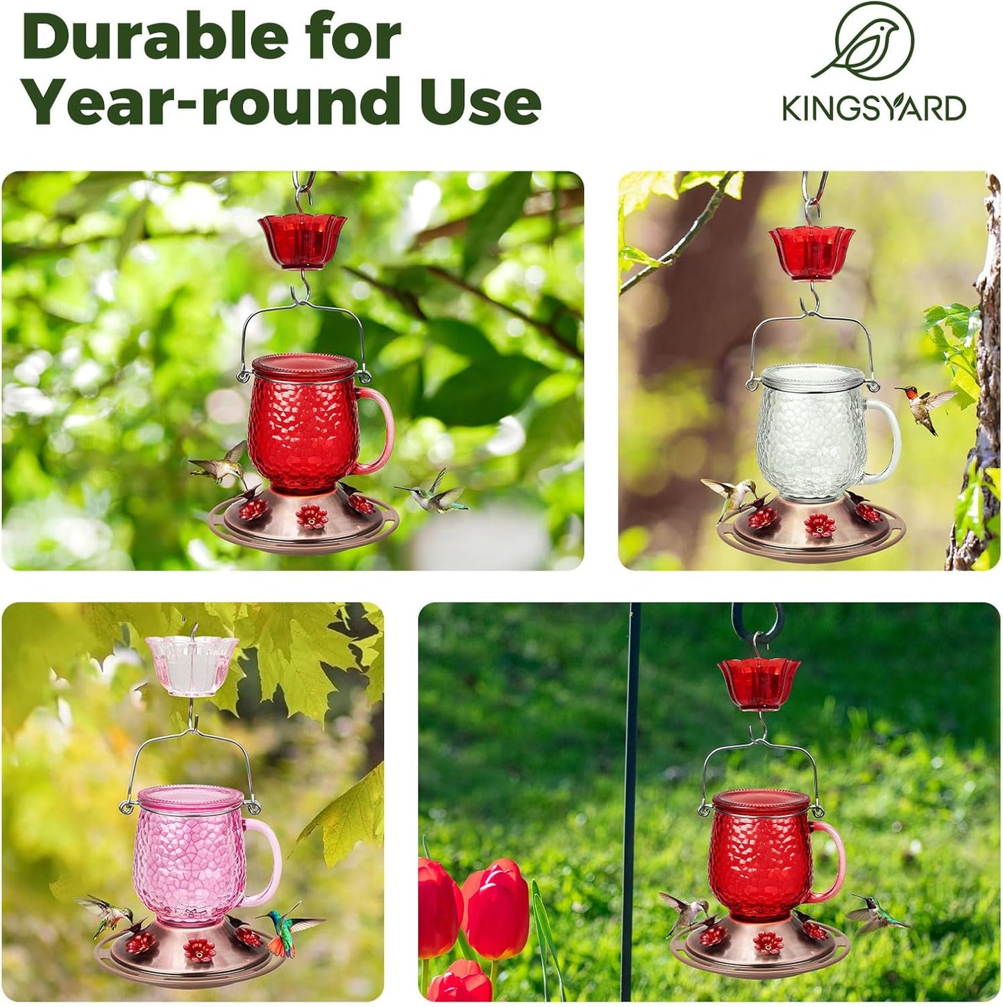 Kingsyard Hummingbird Feeder - 16 Oz Outdoor Glass Nectar Feeder with 6 Feeding Ports & Ant Moat | Red Garden Décor Gift