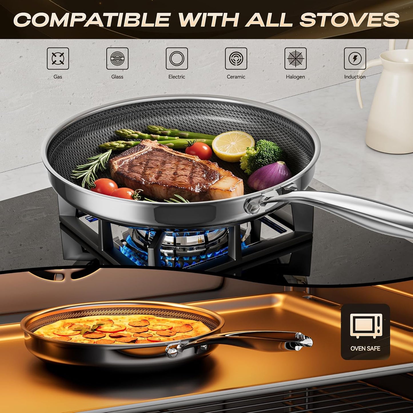 Skiennix 11-Inch Hybrid Nonstick Frying Pan - PFAS-Free, Stay-Cool Handle, Oven-Safe to 600°F | Induction Compatible
