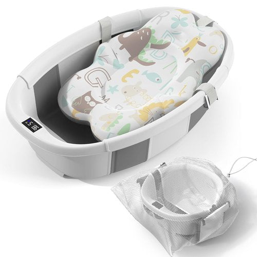 Collapsible Baby Bathtub - Portable Infant Bath Tub with Thermometer & Cushion | Foldable Design for Newborns 0-36 Months (Grey)