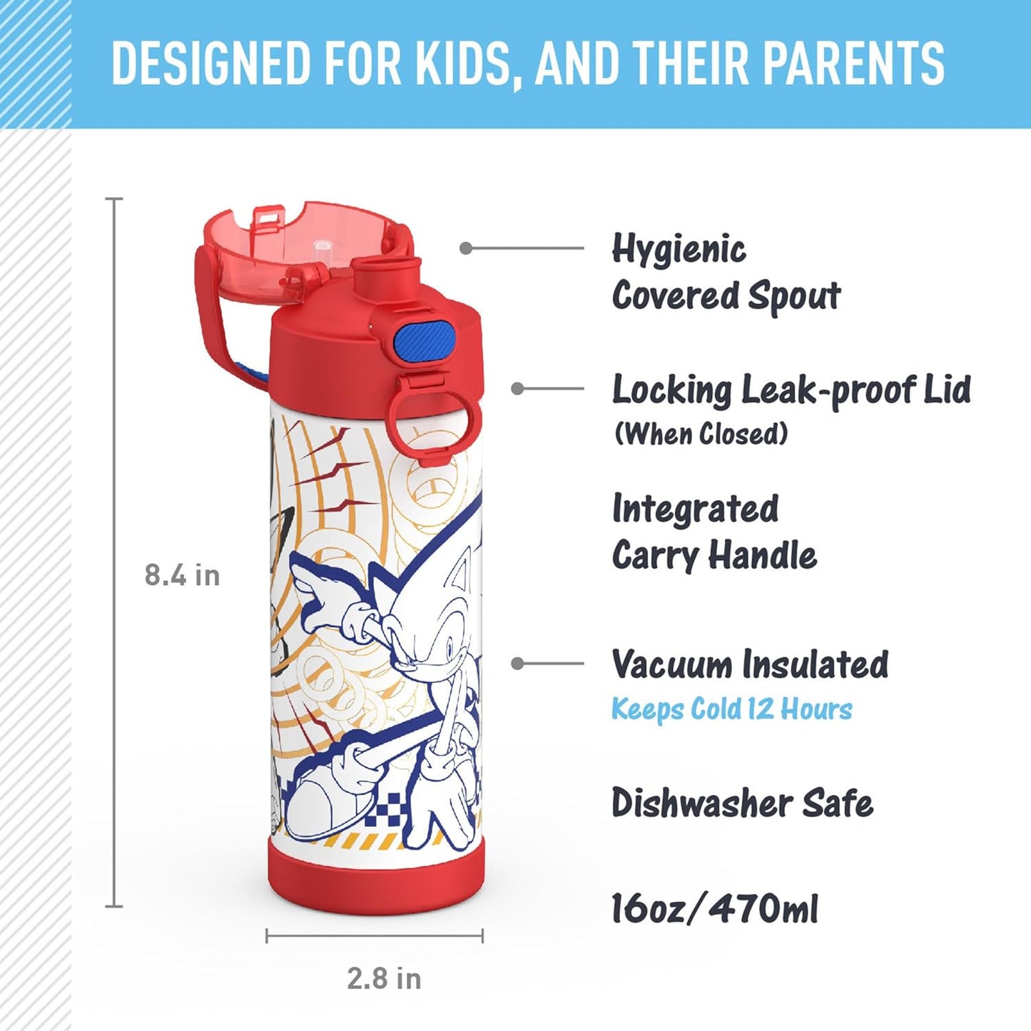THERMOS FUNTAINER 16 Ounce Stainless Steel Vacuum Insulated Bottle - Wide Spout Lid, Sonic Design
