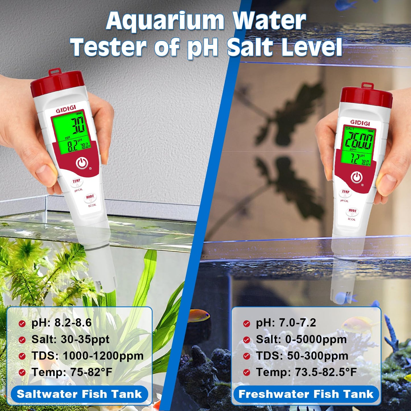 GIDIGI Pool Salt Tester pH Meter New Update Digital pH Tester Salinity Meter with Multiple Parameters Display for Pool Water Quality TDS EC Salt Meter for Saltwater Hot Tub&Spa Inground Pool Aquarium