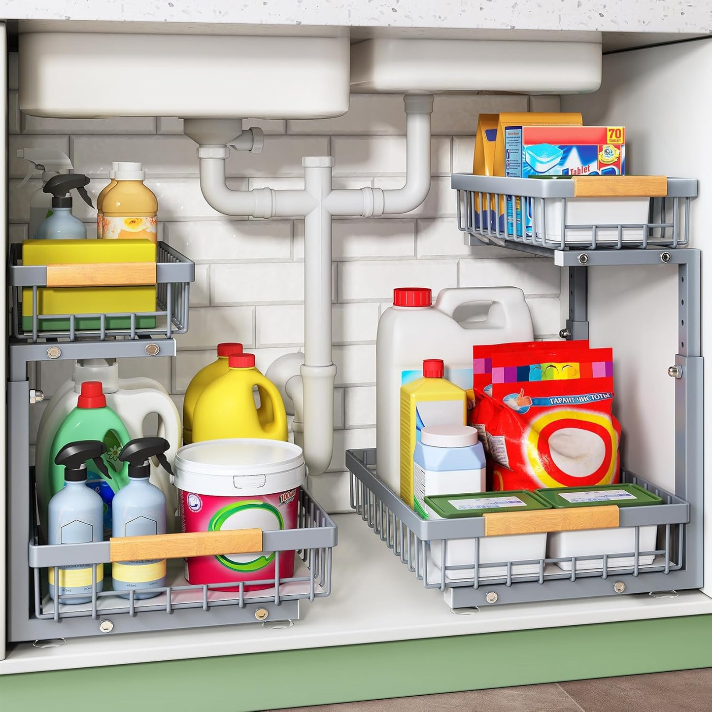 Kitstorack Under Sink Organizer - 2-Tier Metal Storage Rack with Pull-Out Drawers | Grey, 2 Pack