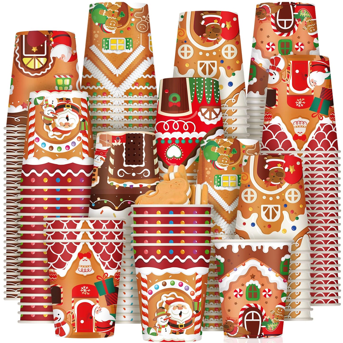 Zhehao 200 Pcs Christmas 9 oz Paper Cups Disposable Coffee Cups Santa Snowman Elk Disposable Hot Cups Xmas Party Drinkware Supplies for Holiday Tea Beverage Cocoa Cold Hot Drink (Gingerbread Style)