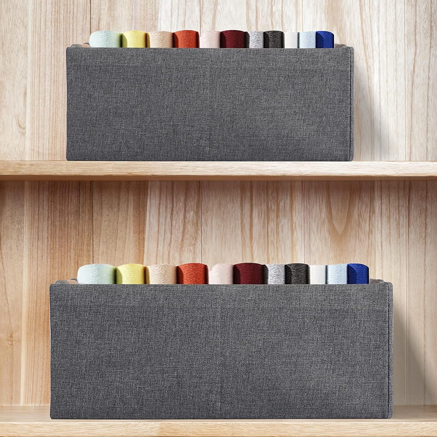 Skiennix Fabric Storage Bins - Foldable Cotton Linen Baskets with Wooden Handles | Gray, Small, 3-Pack